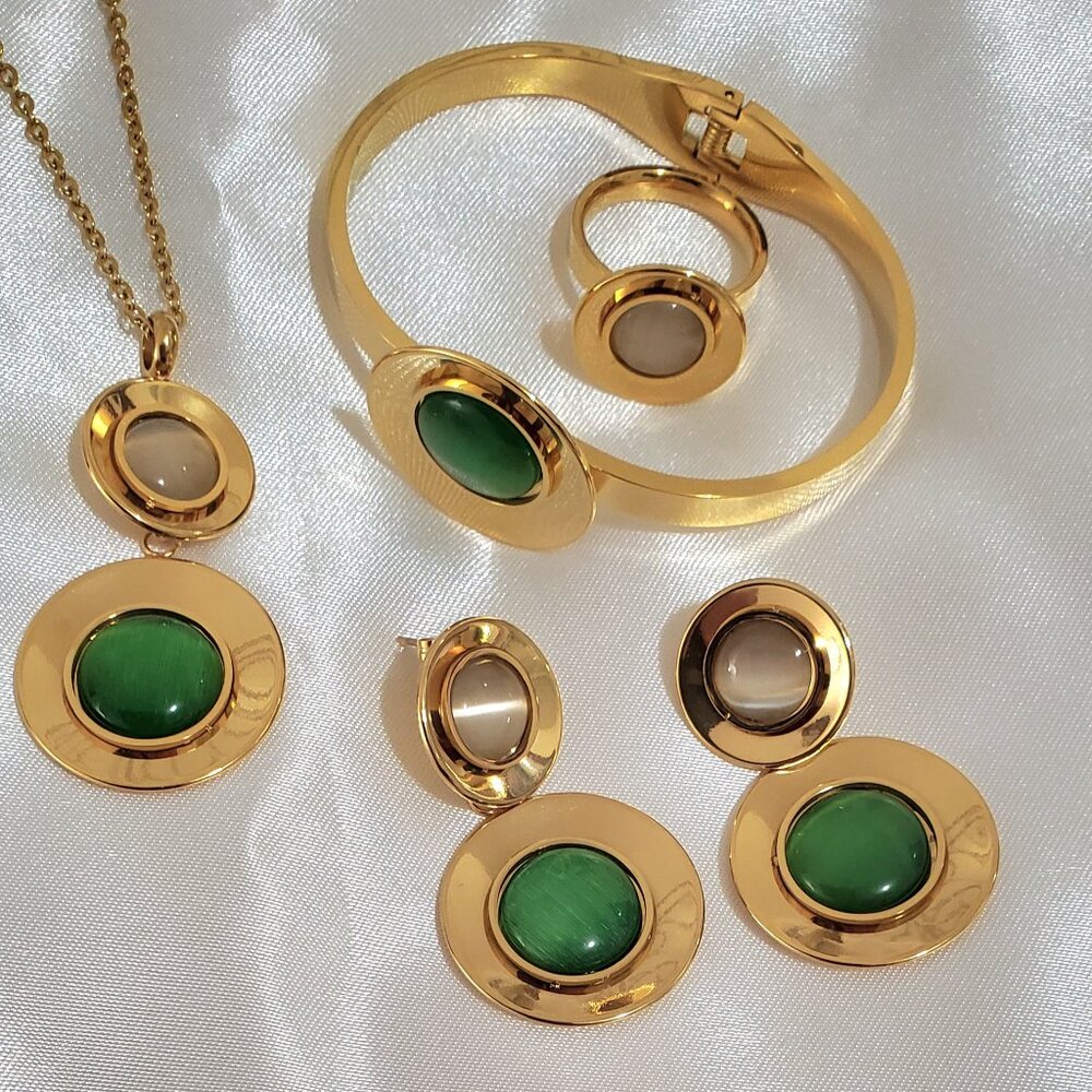 18K Gold Plated Green Emerald Necklace Earrings Esmerald 4 pcs Jewelry Set
